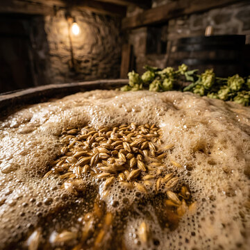 Brewing Process Close up of Malt Grains in Frothy Wort with Hops