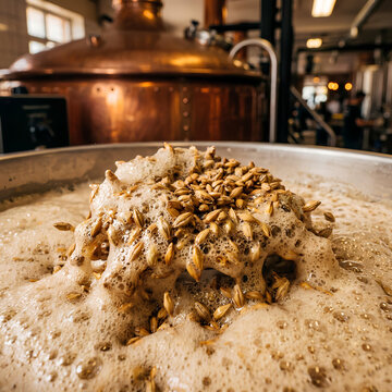 Brewing Process Grain and Foam Bubbles in Industrial Copper Kettle