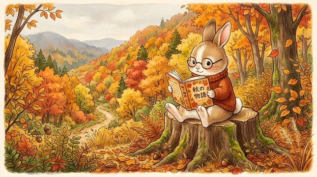 Cute rabbit wearing glasses sitting on tree stump reading book in autumn forest watercolor illustration for corporate stock photo presentation website background header element
