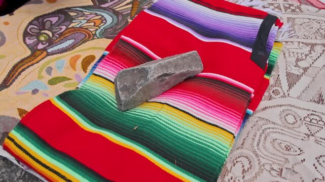 Stone Metate Grinding Tool Displayed Colorful Mexican Serape Textile Mexico