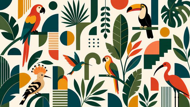 Colorful Tropical Amazonian Birds and Botanical Geometric Pattern Background