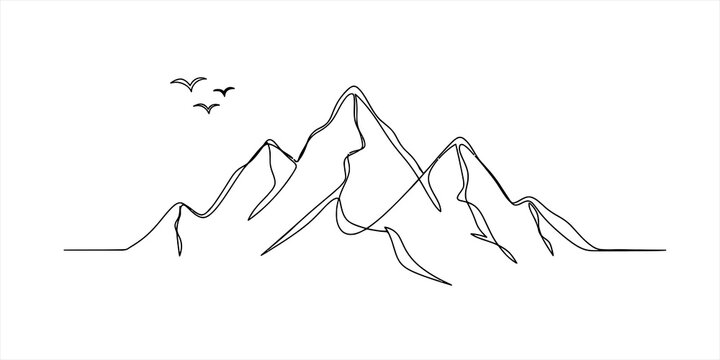 Minimalist mountain range continuous line drawing with birds