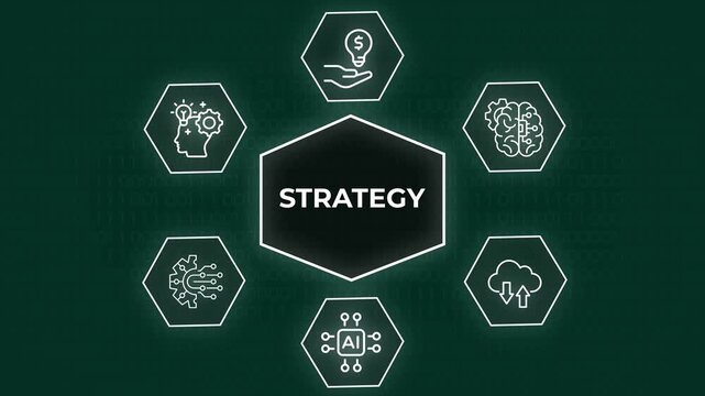 Futuristic digital business strategy concept with glowing   neon icons representing AI cloud computing brain and planning, A futuristic   neon graphic displaying the word STRATEGY surrounded  