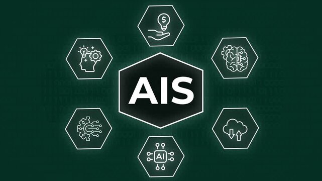 glowing AIS text hexagon surrounded by artificial intelligence cloud computing and technology icons on binary background, An abstract digital graphic representing AIS concept with glowing  icon