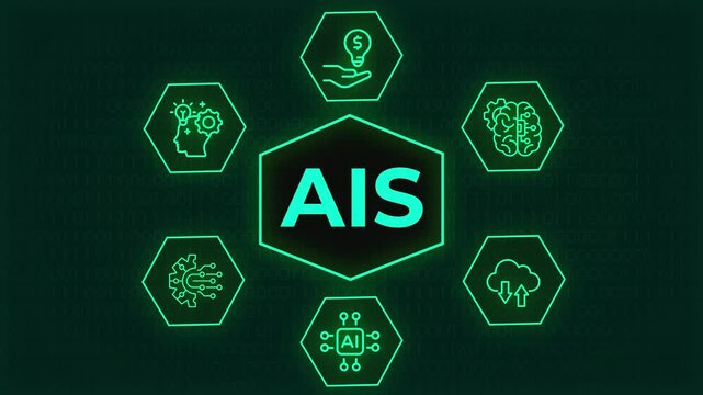 glowing AIS text hexagon surrounded by artificial intelligence cloud computing and technology icons on binary background, An abstract digital graphic representing AIS concept with glowing  icon