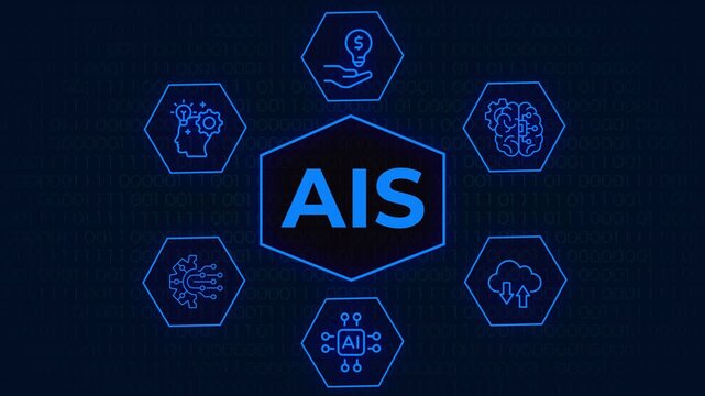 glowing AIS text hexagon surrounded by artificial intelligence cloud computing and technology icons on binary background, An abstract digital graphic representing AIS concept with glowing  icon