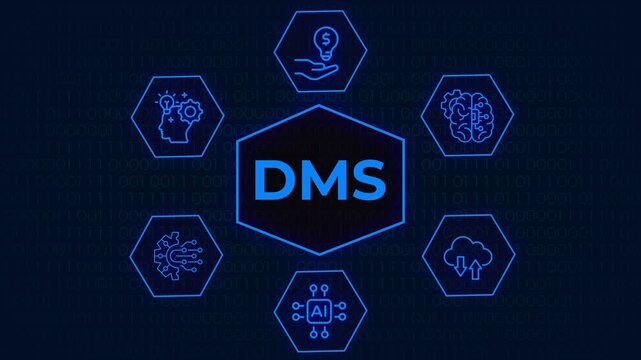 DMS Document Management System Digital Transformation Concept with Blue Futuristic Hexagon Icons on Binary Background, Digital illustration of a Document Management System showing business intelligenc