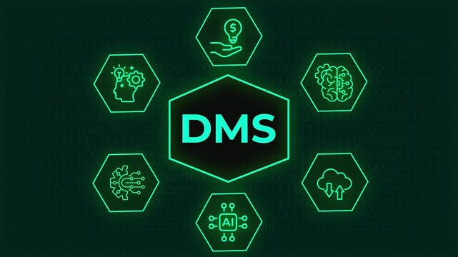 DMS Document Management System Digital Transformation Concept with Blue Futuristic Hexagon Icons on Binary Background, Digital illustration of a Document Management System showing business intelligenc