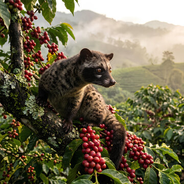 Civet Cat on Coffee Plant Branch with Ripe Berries Misty Mountains Background