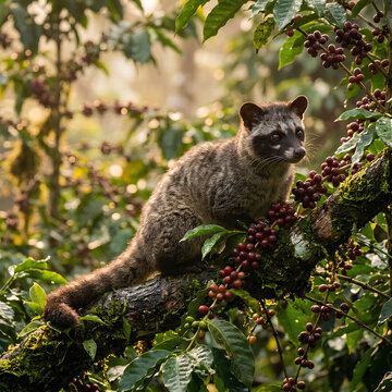 Civet Cat on Coffee Plant Branch with Ripe Berries Wildlife Nature
