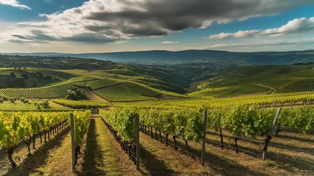 Panoramic view of a lush vine plantation on rolling hills
