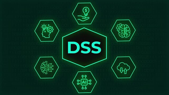 Decision Support System DSS Futuristic Holographic Neon Interface with Business Intelligence and Artificial Intelligence Icons, A vibrant neon green digital interface highlighting DSS Decision Support