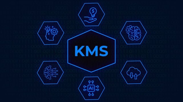 KMS Knowledge Management System Concept Graphic with Neon Green Icons on Binary Code Background, A neon green digital graphic representing a Knowledge Management System KMS with interconnected technol