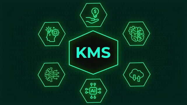  KMS Knowledge Management System Concept Graphic with Neon Green Icons on Binary Code Background