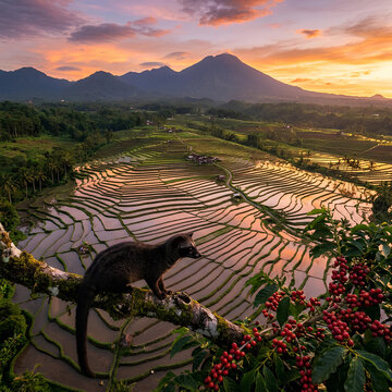 Civet Cat on Tree Branch Overlooking Bali Rice Terraces at Sunset
