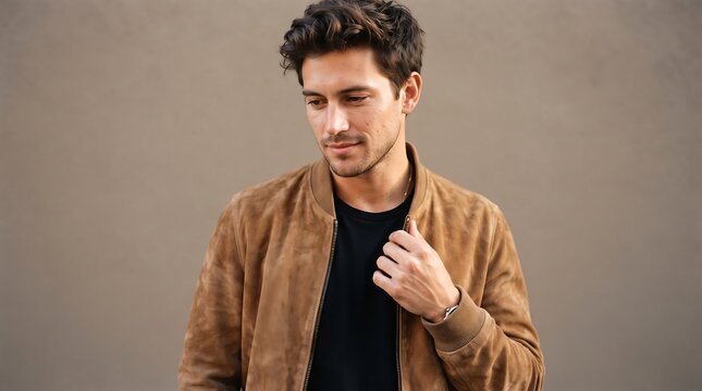 Portrait of a stylish young man wearing a brown suede bomber jacket looking away thoughtfully against a plain neutral background