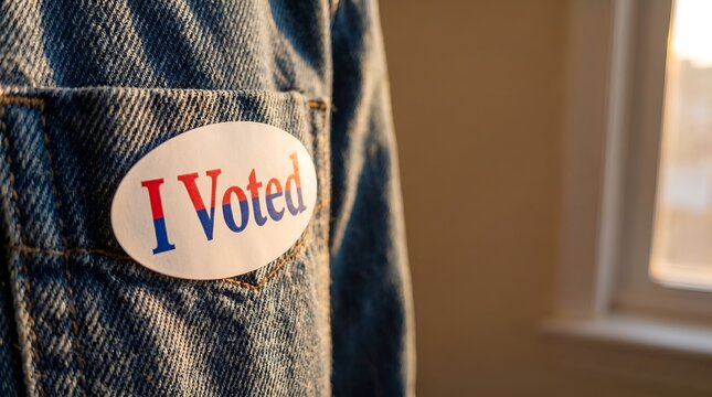 I Voted sticker on denim jacket pocket, patriotic election day badge on blue jeans shirt, civic duty and voting concept 4k video