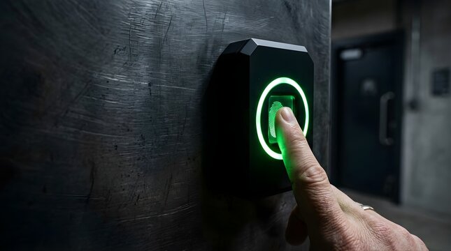 Person scanning fingerprint on electronic security reader for access