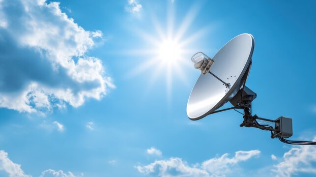 Satellite Dish Against Bright Sunny Sky with Clouds