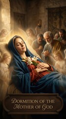 Fototapeta premium Sleeping virgin Mary surrounded by weeping apostles and celestial angels during the Dormition. Biblical scene representing the assumption of the mother of God. Christian religious illustration.