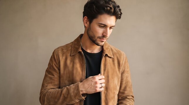 Handsome young man wearing a stylish brown suede jacket and black t-shirt posing against a neutral studio background