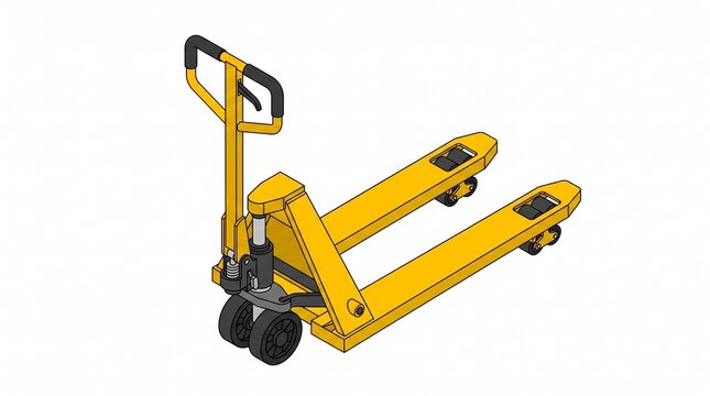 Isometric yellow hydraulic pallet jack for warehouse logistics and material handling equipment