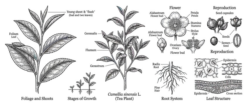 Botanical illustration of tea plant life cycle and structure