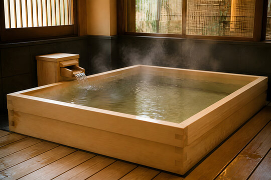 Empty hinoki cypress bathtub with steam