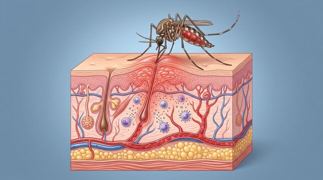 Scheme of penetration of an insect sting into the layers of the skin and the subsequent inflammatory process in the tissues.