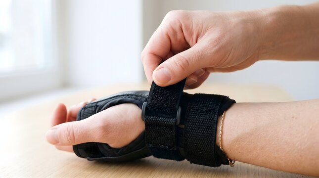 Person fastening a black medical wrist brace for recovery and support
