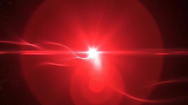 Bright red light flare with glowing particles and smooth wave shapes on dark background