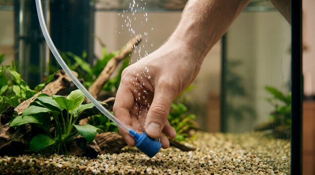 Person holding an air stone to oxygenate water in a home aquarium tank