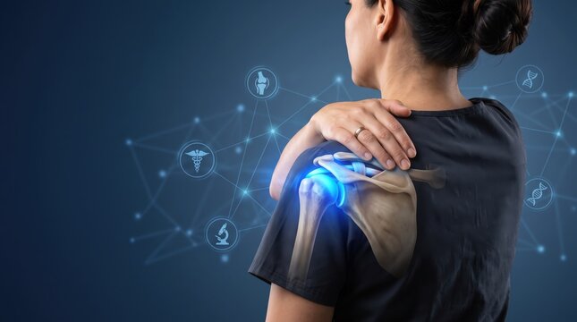Woman holding painful shoulder with X-ray overlay showing bone structure and inflamed joint, surrounded by medical icons for DNA, microscope, and caduceus, representing orthopedic