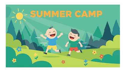 Naklejka premium Cheerful vector banner for a kids summer camp shows two boys running happily through green sunny fields.