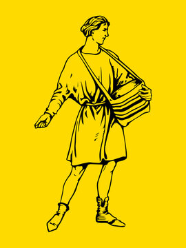 A black outline woodcut illustration on a yellow background depicting a sower scattering seeds from a satchel bag.