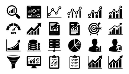 Fototapeta premium Data Icons Set with Kpi, Audit, Funnel, and Chart Illustrations. Business Analysis, Reporting