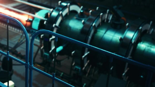 A workshop is shown at night with machines and tools. A bright light is coming from the equipment. The area is busy with various tasks taking place.