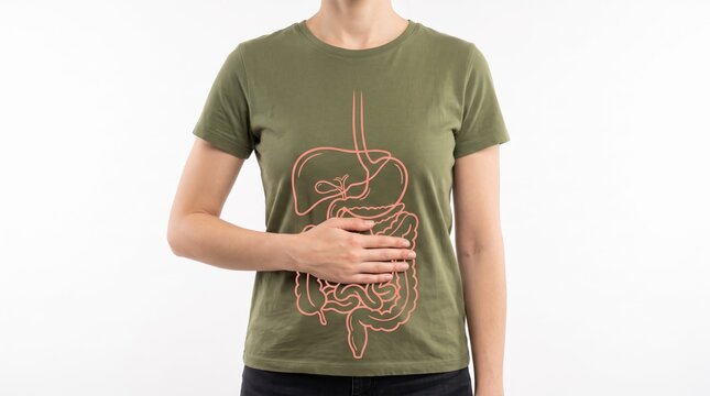 Woman wearing green t-shirt with anatomical digestive system print, hand on stomach area, health awareness, gastroenterology education, nutrition and gut health lifestyle concept