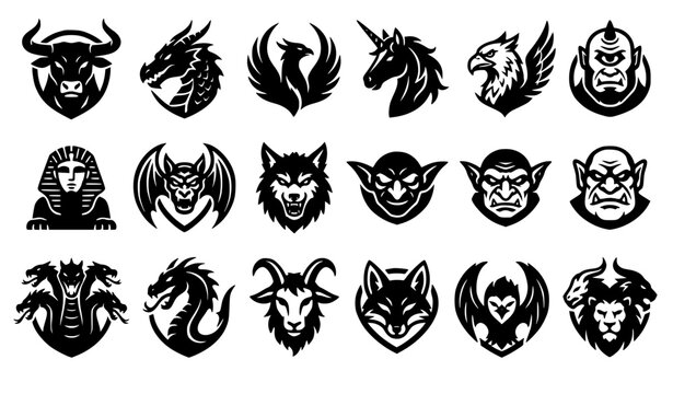 Mythical Creature Heads and Fantasy Monster Heraldic Glyph Icons
