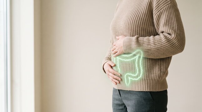 Pregnant woman holding belly with glowing gut illustration overlay, maternal health, digestive system awareness during pregnancy, wellness and nutrition focus, expecting mother