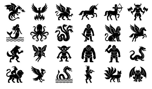 Mythology and Fantasy Creatures Solid Black Glyph Icon Set
