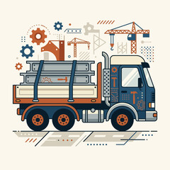 Fototapeta premium Industrial Flatbed Truck Transporting Construction Materials With Mechanical Elements