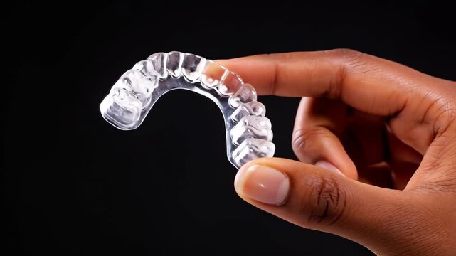 Extreme close-up of a black woman's hand holding a clear transparent dental splint. TMJ treatment concept