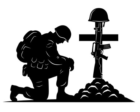 Black silhouette of soldier kneeling at battlefield memorial with rifle, helmet, and cross. Bold vector artwork symbolizing honor, remembrance, and military sacrifice.