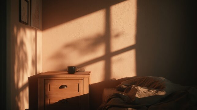 Warm Bedroom Scene with Bedside Table and Lamp Casting Sunlight Shadows