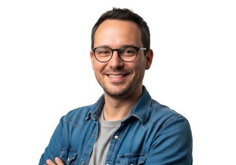 Fototapeta premium Happy middle aged man wearing glasses and a denim shirt smiling at the camera isolated on white background