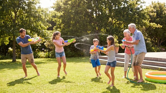 Family having fun together playing water gun battle in the backyard garden during a sunny summer afternoon.