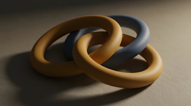 Interlocked yellow and blue toroid rings showcasing smooth matte textures and creative geometric abstraction within a soft studio lighting setup