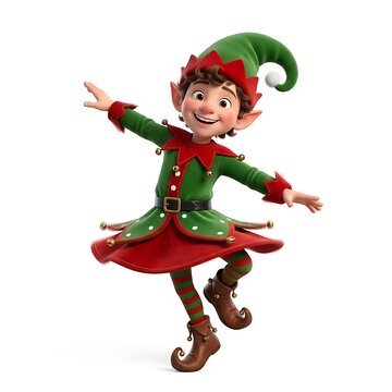 3D Cute Christmas Boy Elf Character Dancing Pose Isolated on White Background