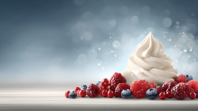 Whipped cream topping with fresh berries on a wooden surface